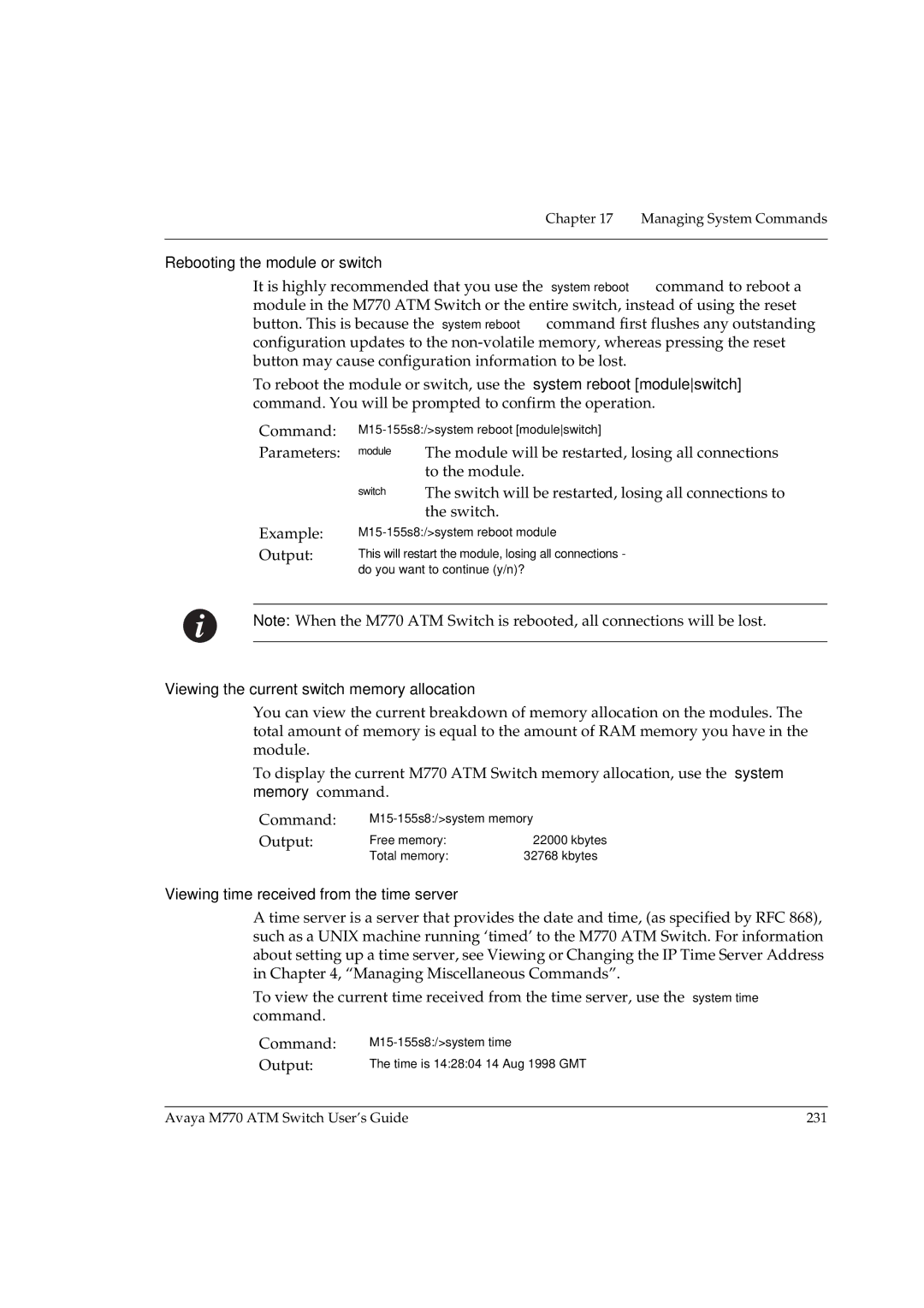 Avaya M770 manual Rebooting the module or switch, Viewing the current switch memory allocation 