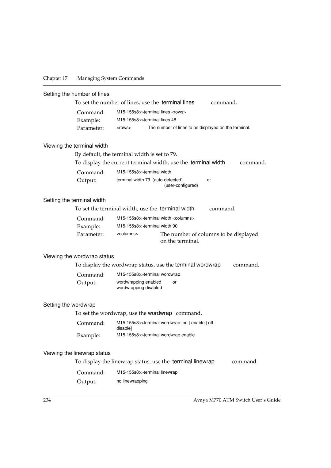 Avaya M770 manual Setting the number of lines, Viewing the terminal width, Setting the terminal width, Setting the wordwrap 
