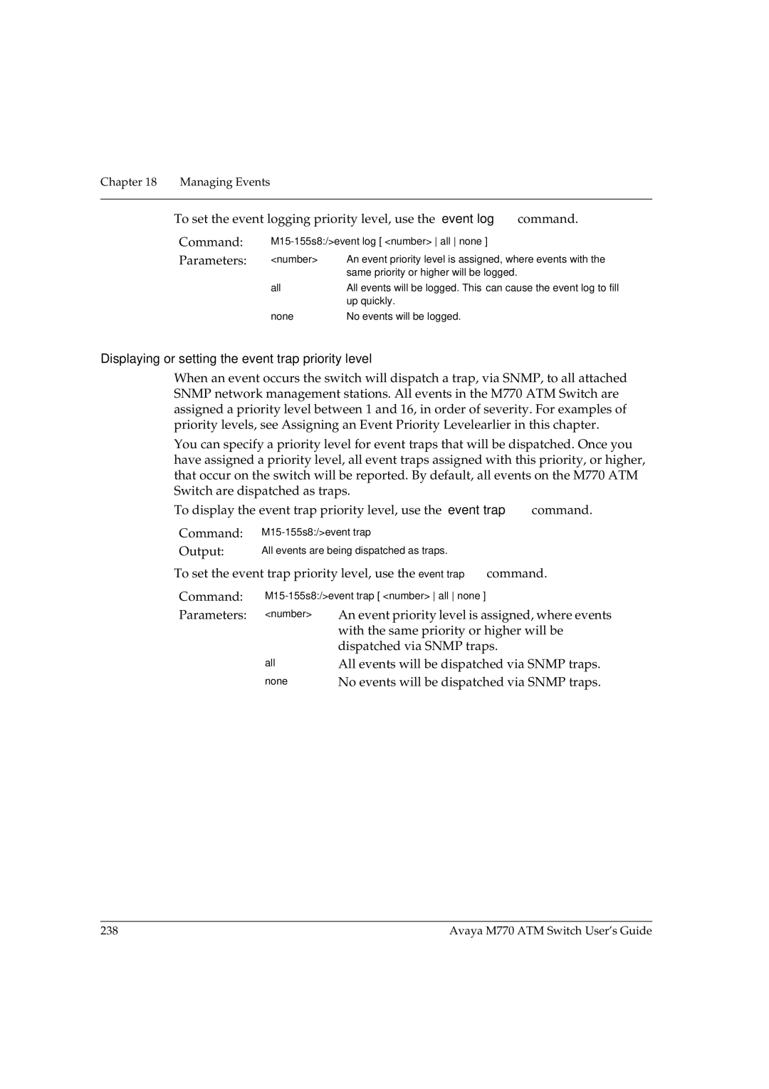 Avaya M770 manual Parameters number, Displaying or setting the event trap priority level 