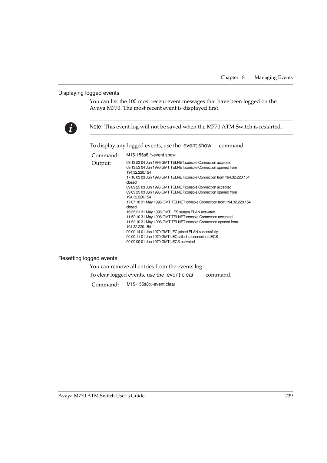 Avaya M770 manual Displaying logged events, Resetting logged events 