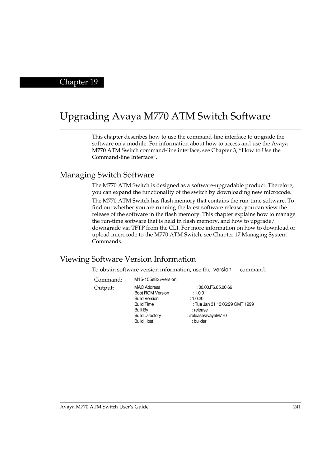 Avaya manual Upgrading Avaya M770 ATM Switch Software, Managing Switch Software, Viewing Software Version Information 