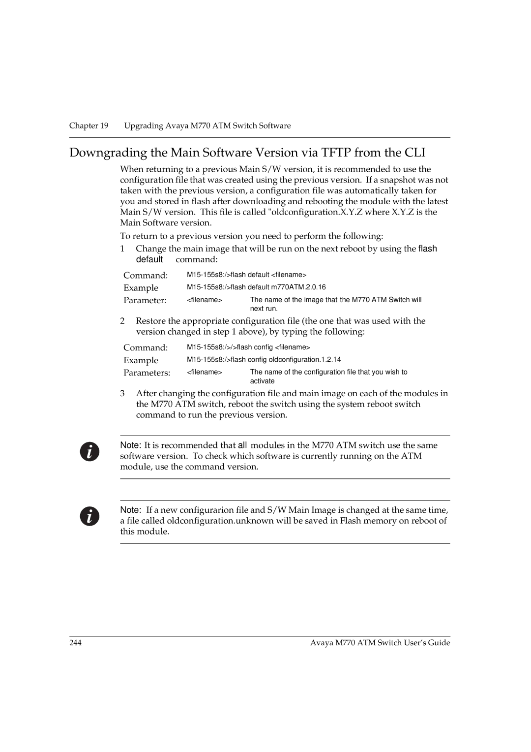 Avaya M770 manual Downgrading the Main Software Version via Tftp from the CLI 