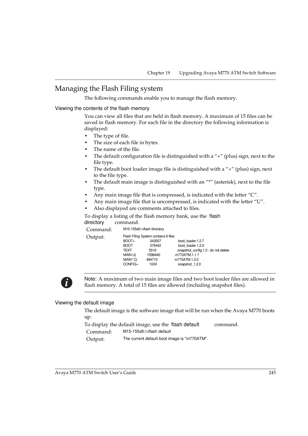 Avaya M770 manual Managing the Flash Filing system, Viewing the contents of the flash memory, Viewing the default image 