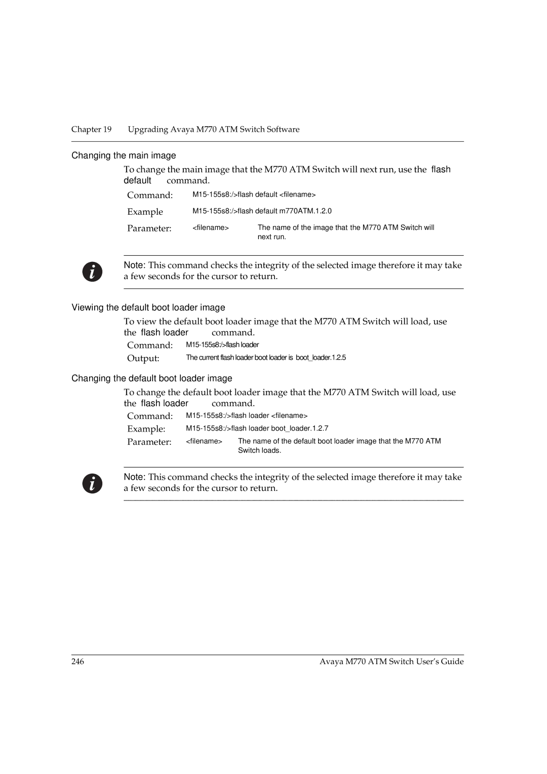 Avaya M770 manual Changing the main image, Viewing the default boot loader image, Changing the default boot loader image 