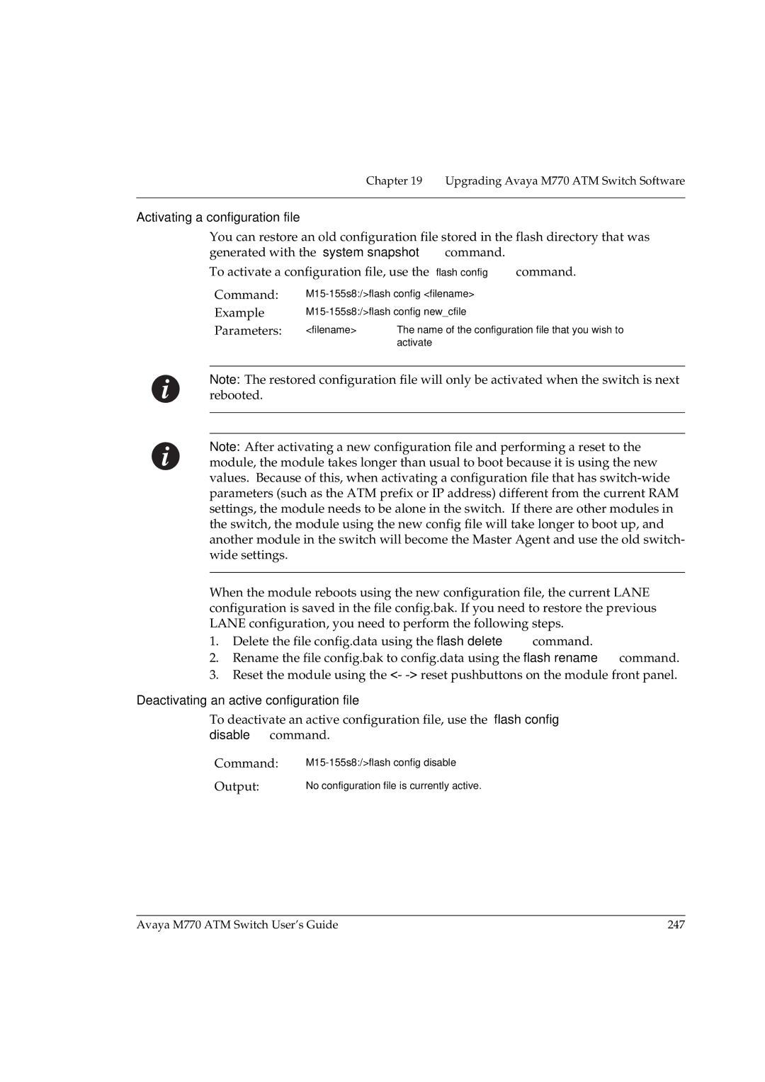 Avaya M770 manual Activating a configuration file, Deactivating an active configuration file 