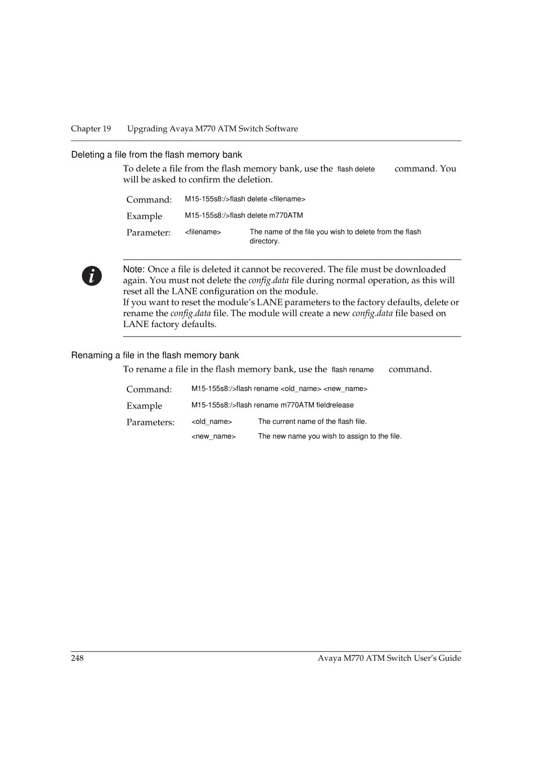 Avaya M770 manual Deleting a file from the flash memory bank, Renaming a file in the flash memory bank 