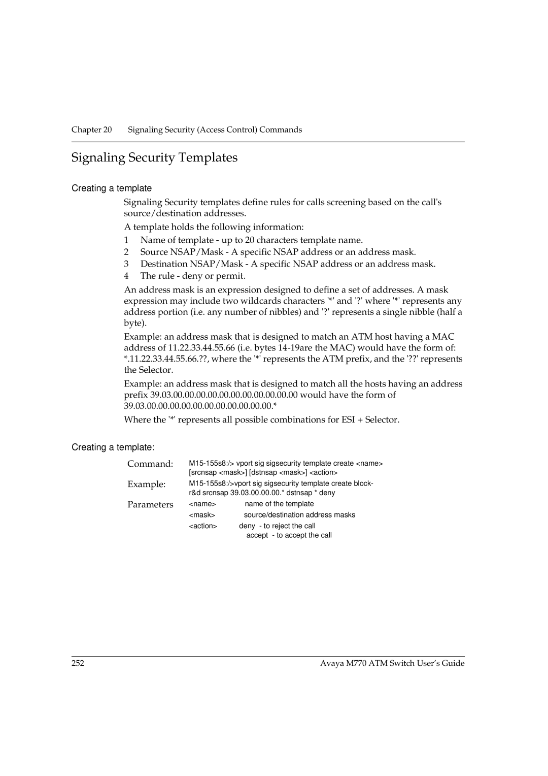 Avaya M770 manual Signaling Security Templates, Creating a template 