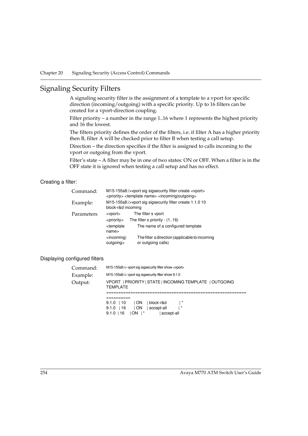 Avaya M770 manual Signaling Security Filters, Creating a filter 