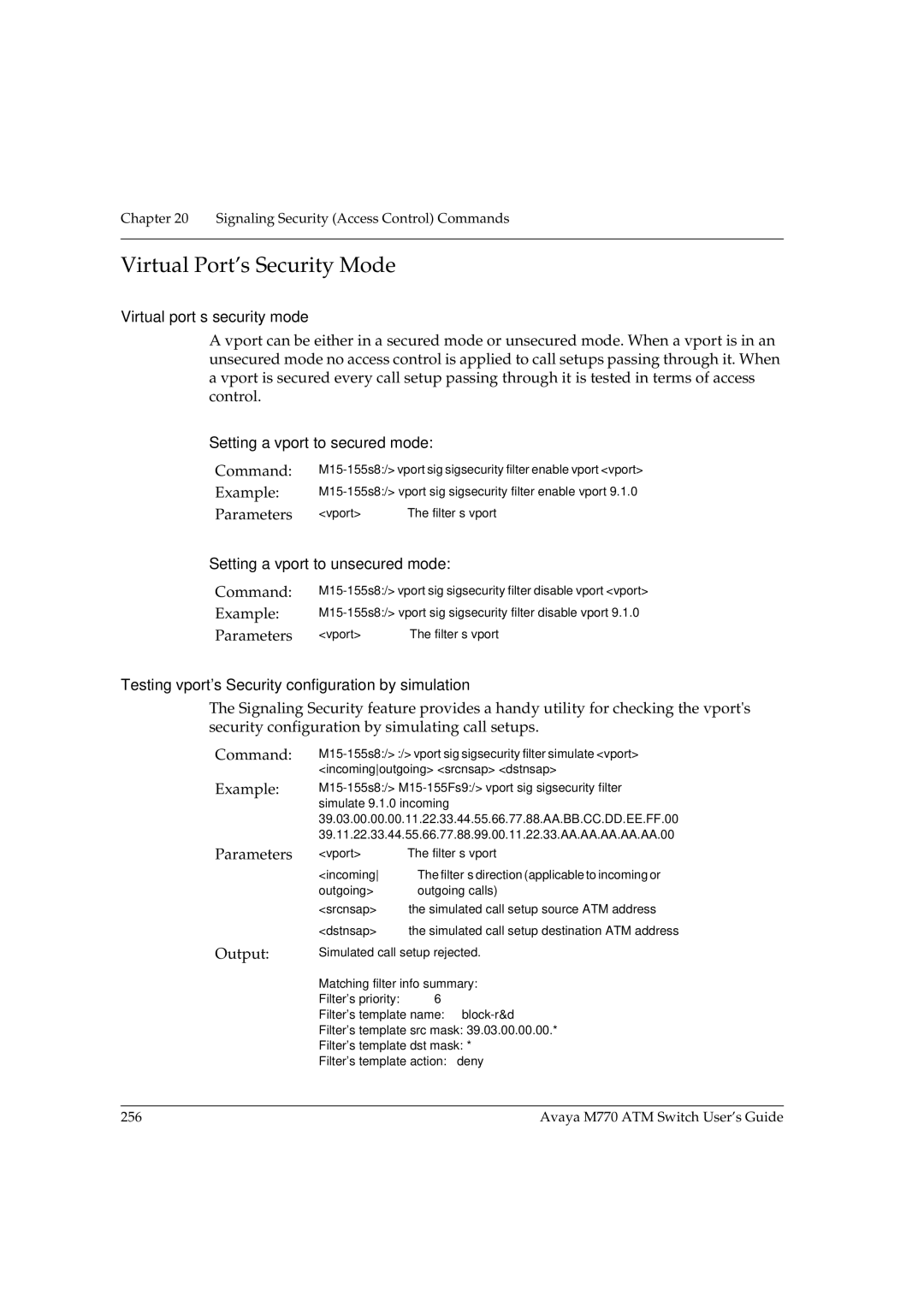 Avaya M770 manual Virtual Port’s Security Mode, Virtual port’s security mode, Setting a vport to secured mode 