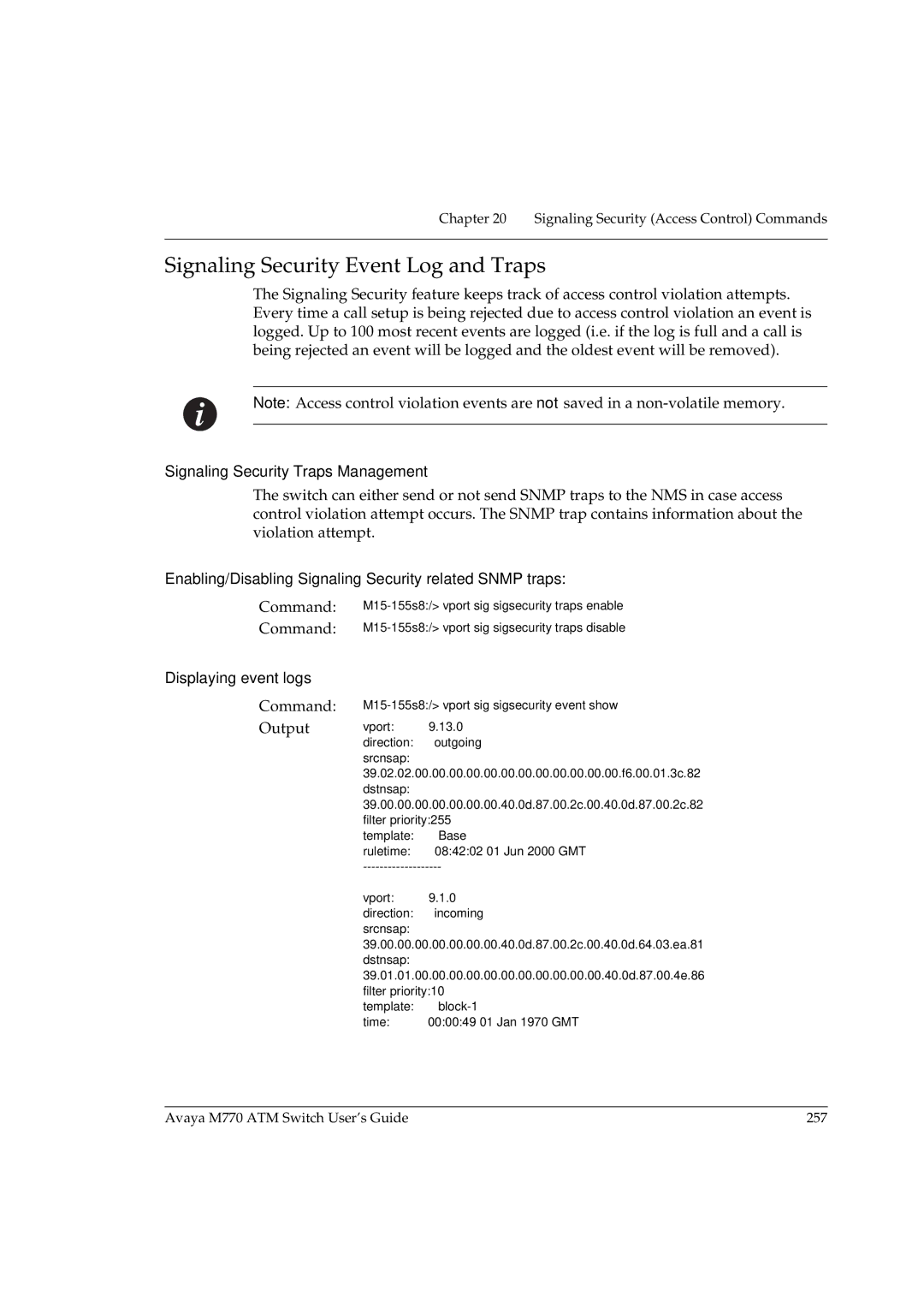 Avaya M770 manual Signaling Security Event Log and Traps, Signaling Security Traps Management, Displaying event logs 