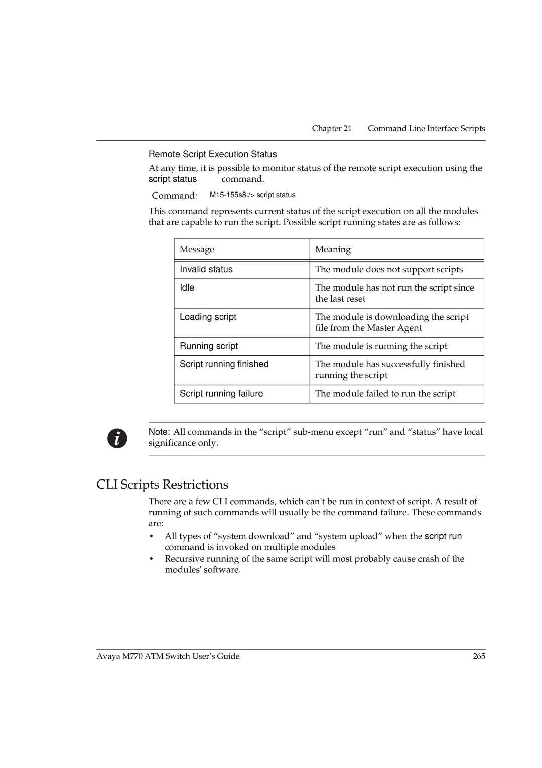 Avaya M770 manual CLI Scripts Restrictions, Remote Script Execution Status 