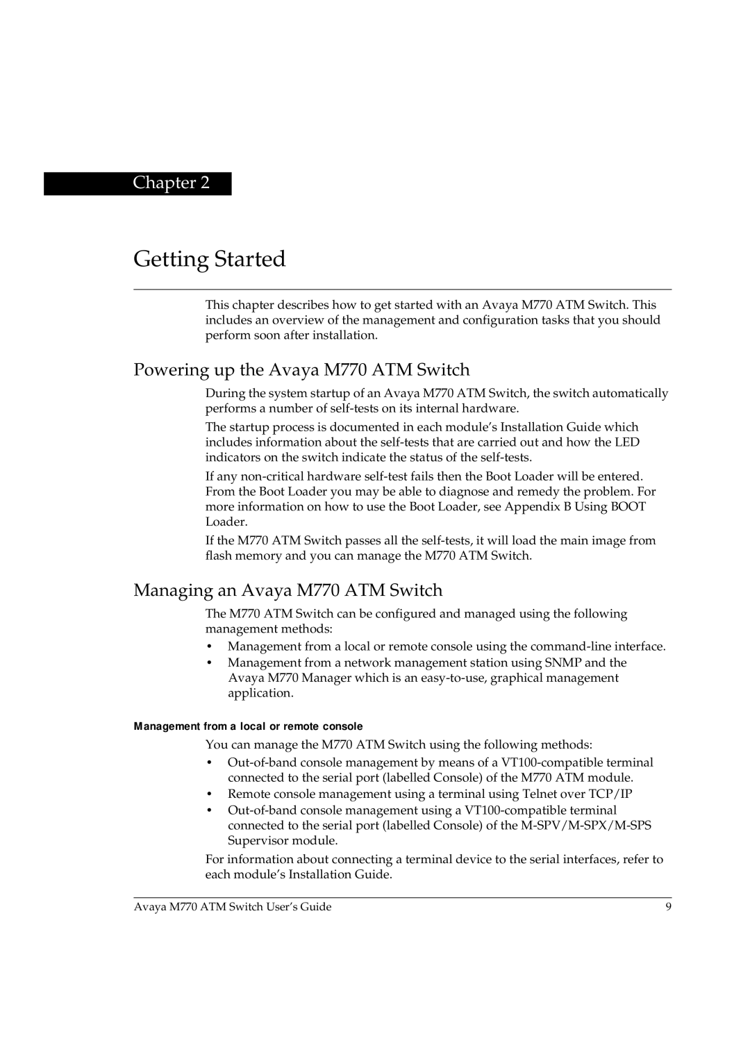 Avaya manual Getting Started, Powering up the Avaya M770 ATM Switch, Managing an Avaya M770 ATM Switch 