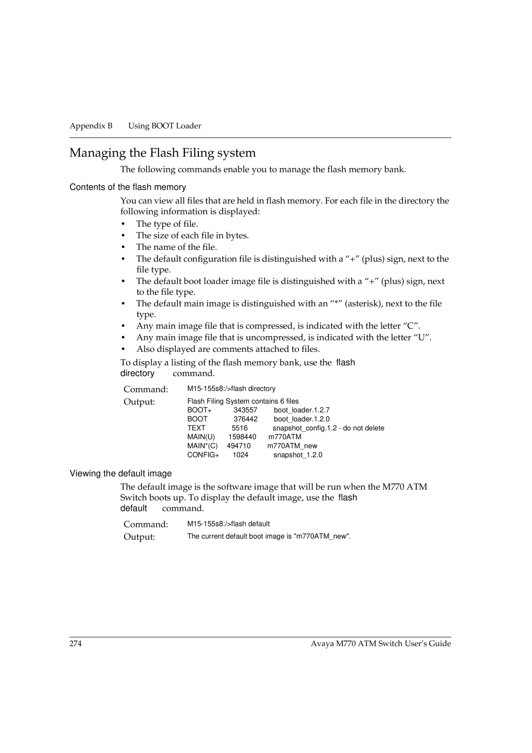 Avaya M770 manual Managing the Flash Filing system, Contents of the flash memory 