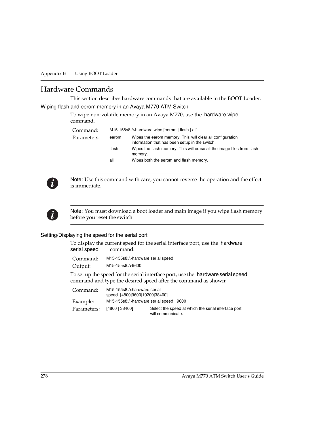 Avaya manual Hardware Commands, Wiping flash and eerom memory in an Avaya M770 ATM Switch, Parameters eerom 