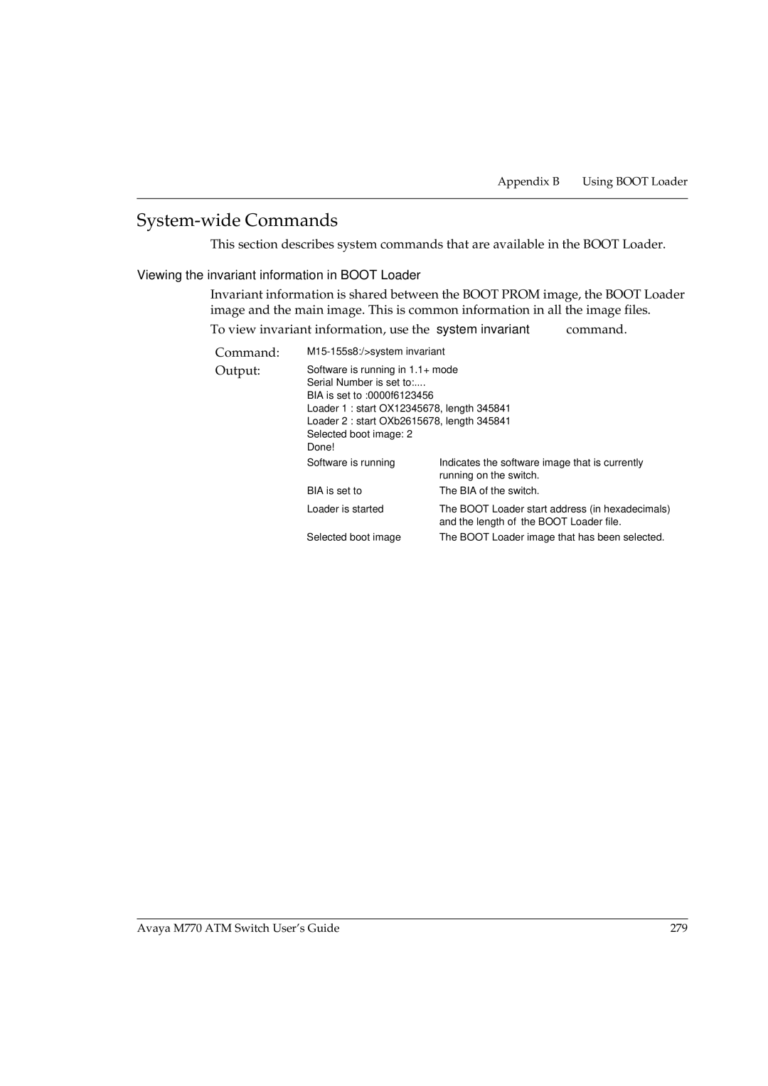 Avaya M770 manual System-wide Commands, Viewing the invariant information in Boot Loader 