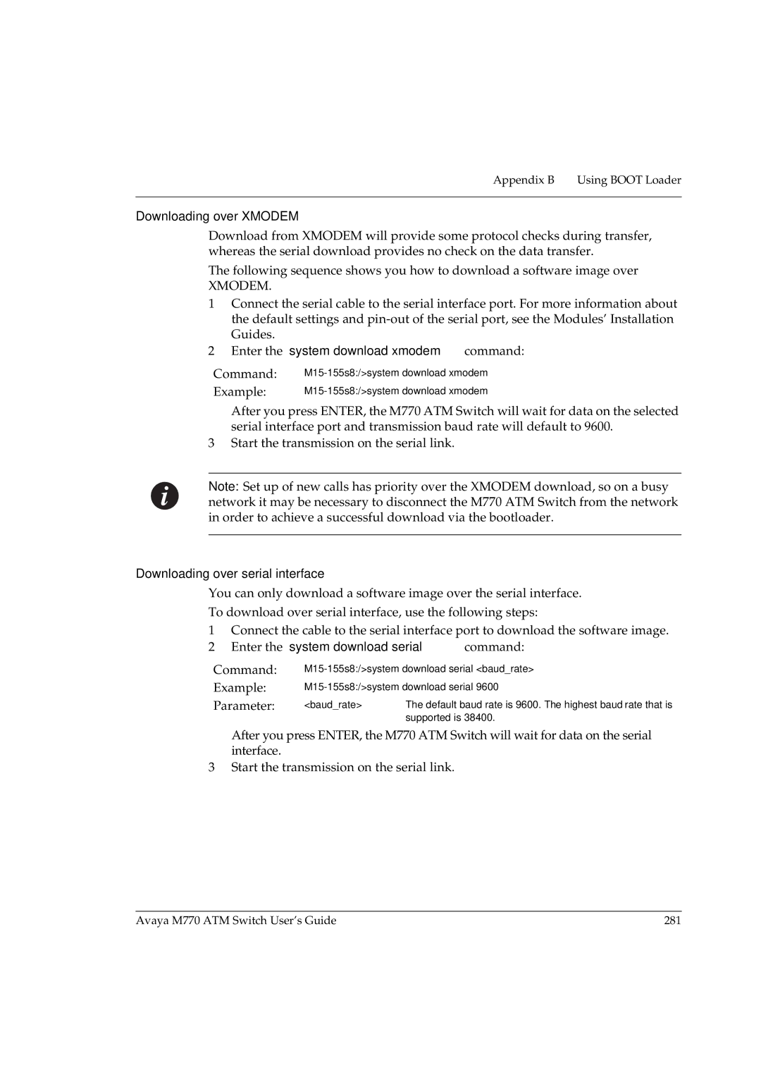 Avaya M770 manual Downloading over Xmodem, Downloading over serial interface 