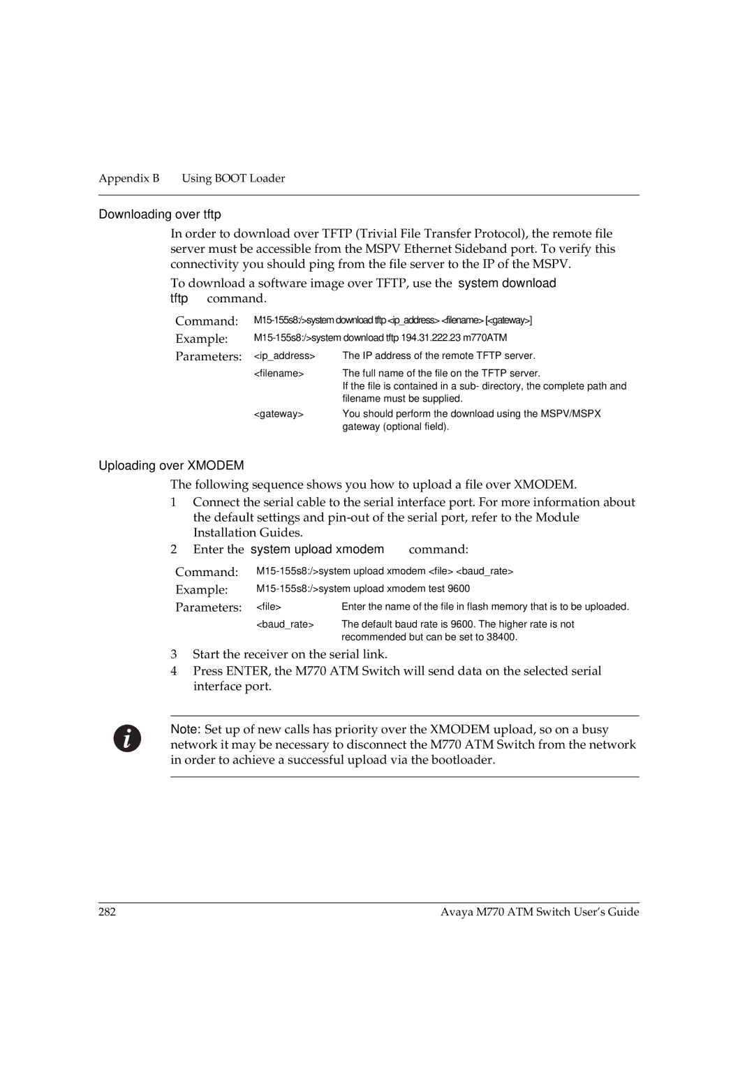 Avaya M770 manual Downloading over tftp, Uploading over Xmodem 