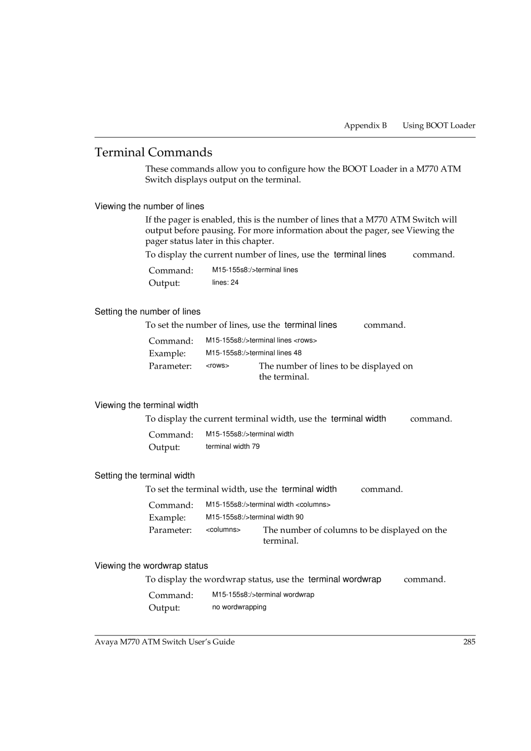 Avaya M770 manual Terminal Commands, Number of lines to be displayed on, Number of columns to be displayed on 