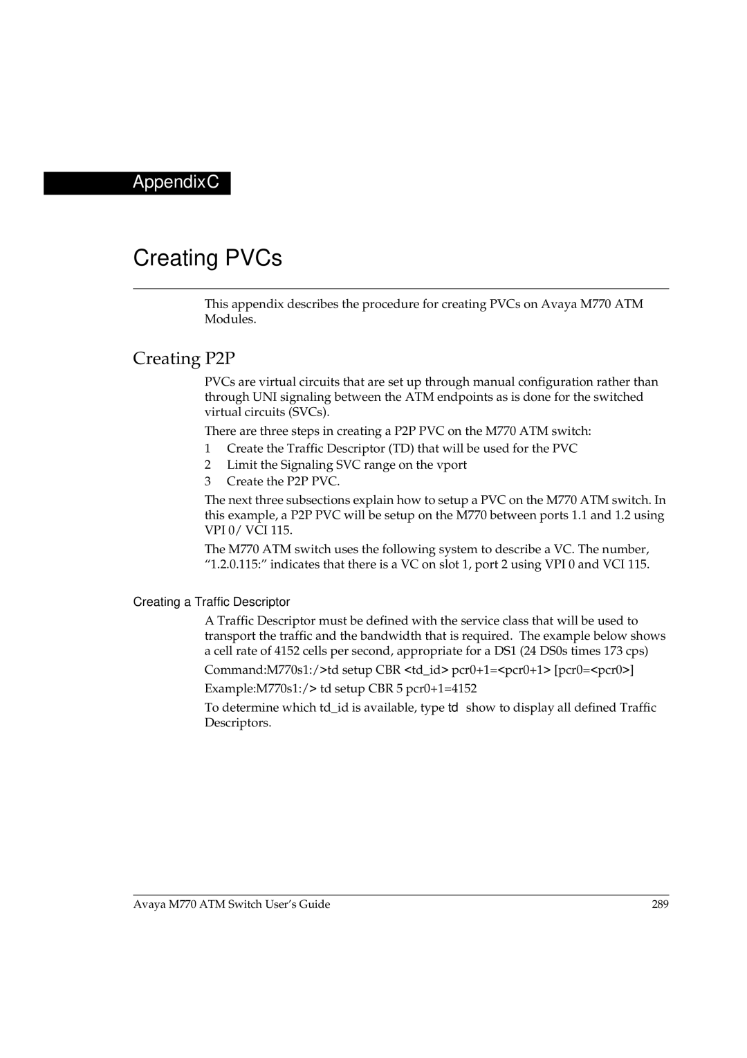 Avaya M770 manual Creating PVCs, Creating P2P, Creating a Traffic Descriptor 