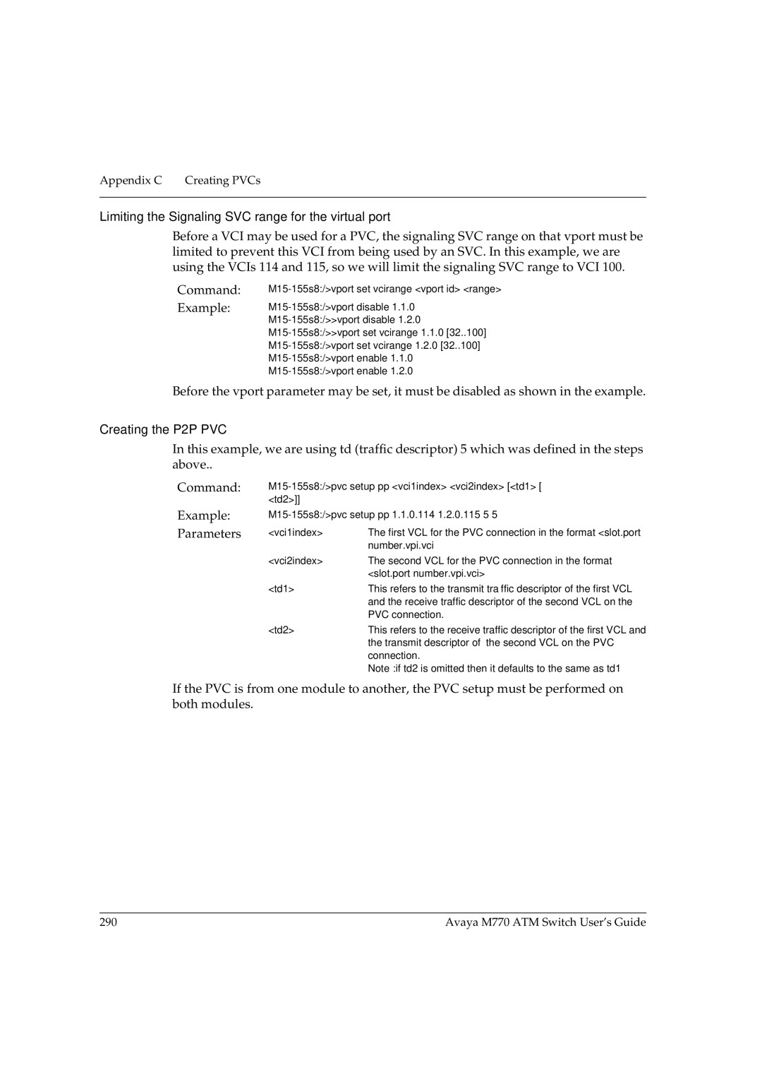 Avaya M770 manual Limiting the Signaling SVC range for the virtual port, Creating the P2P PVC 