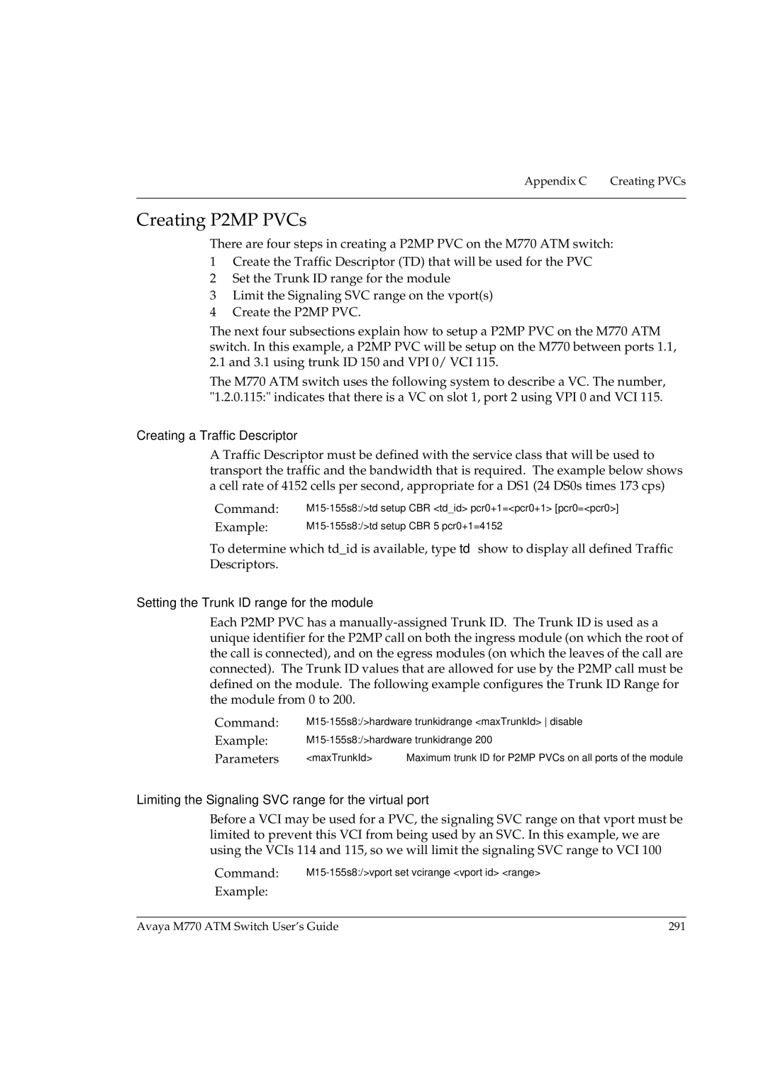 Avaya M770 manual Creating P2MP PVCs, Setting the Trunk ID range for the module 