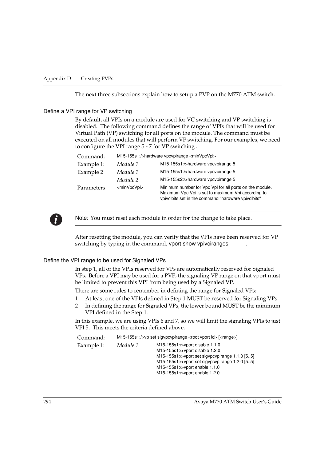 Avaya M770 manual Define a VPI range for VP switching, Define the VPI range to be used for Signaled VPs 