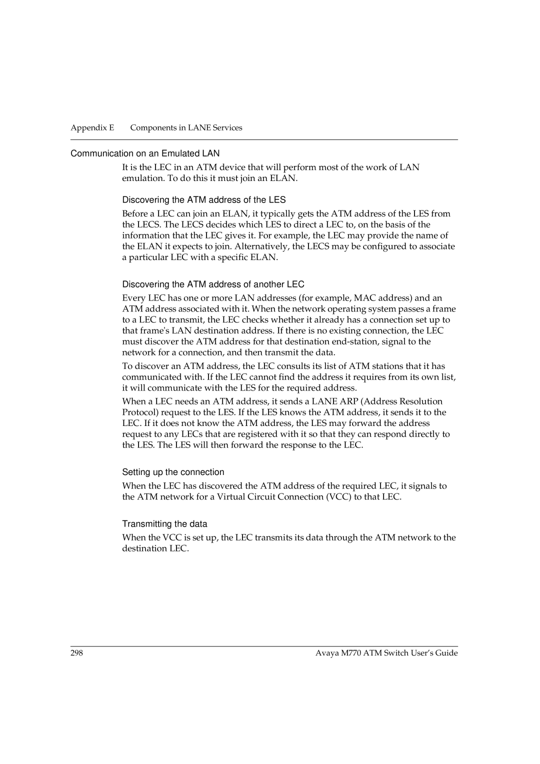 Avaya M770 manual Communication on an Emulated LAN, Discovering the ATM address of the LES, Setting up the connection 