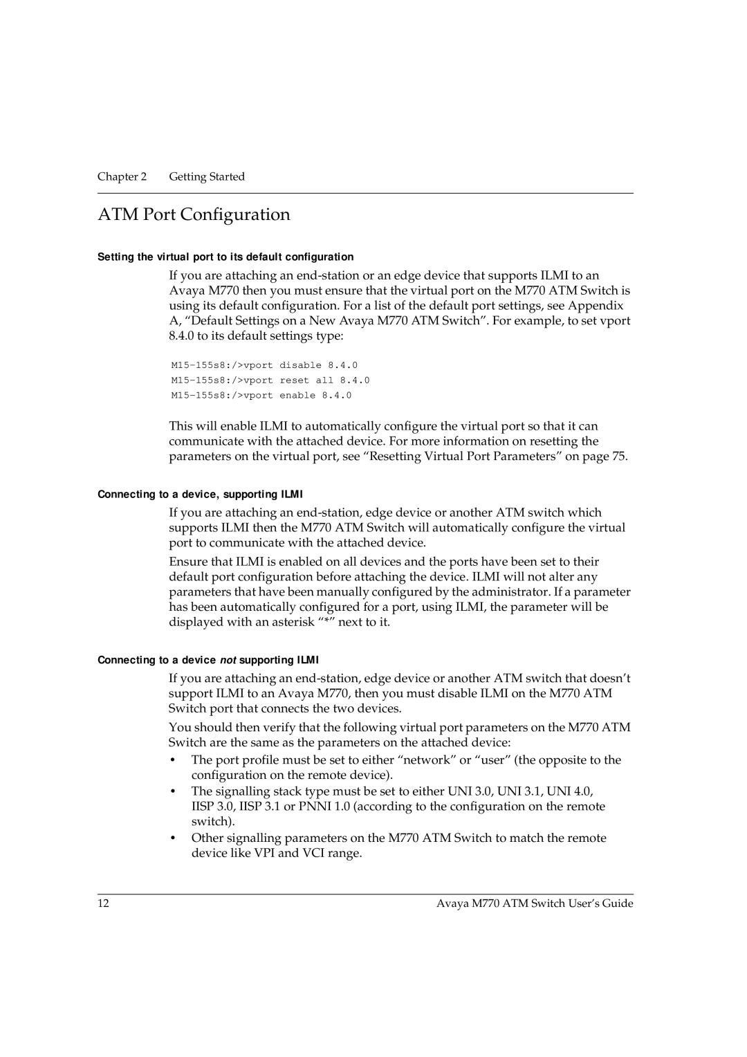 Avaya M770 manual ATM Port Configuration, Setting the virtual port to its default configuration 