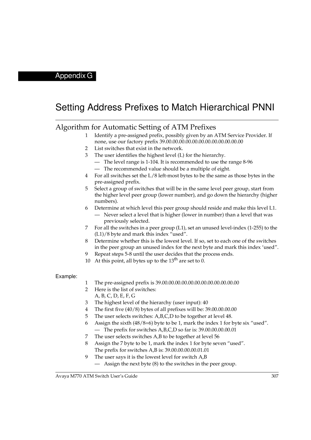 Avaya M770 Setting Address Prefixes to Match Hierarchical Pnni, Algorithm for Automatic Setting of ATM Prefixes, Example 