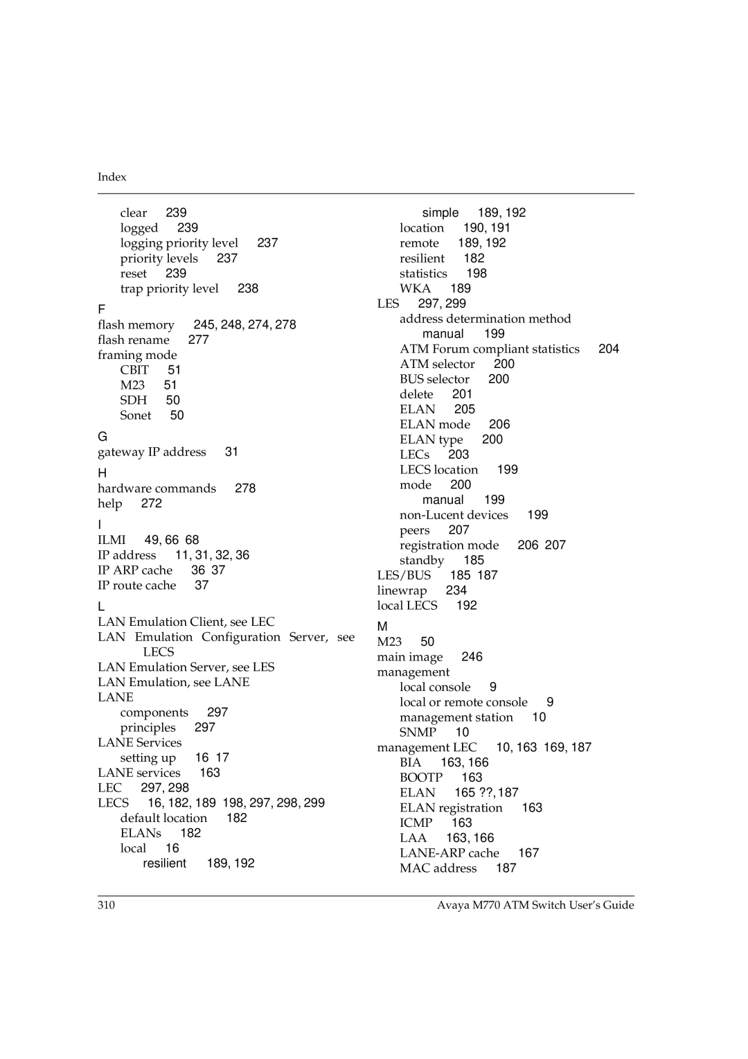 Avaya M770 manual 10, 163-169, BIA 163, 165-??, Elan registration 163, LANE-ARP cache 167 MAC address 187 