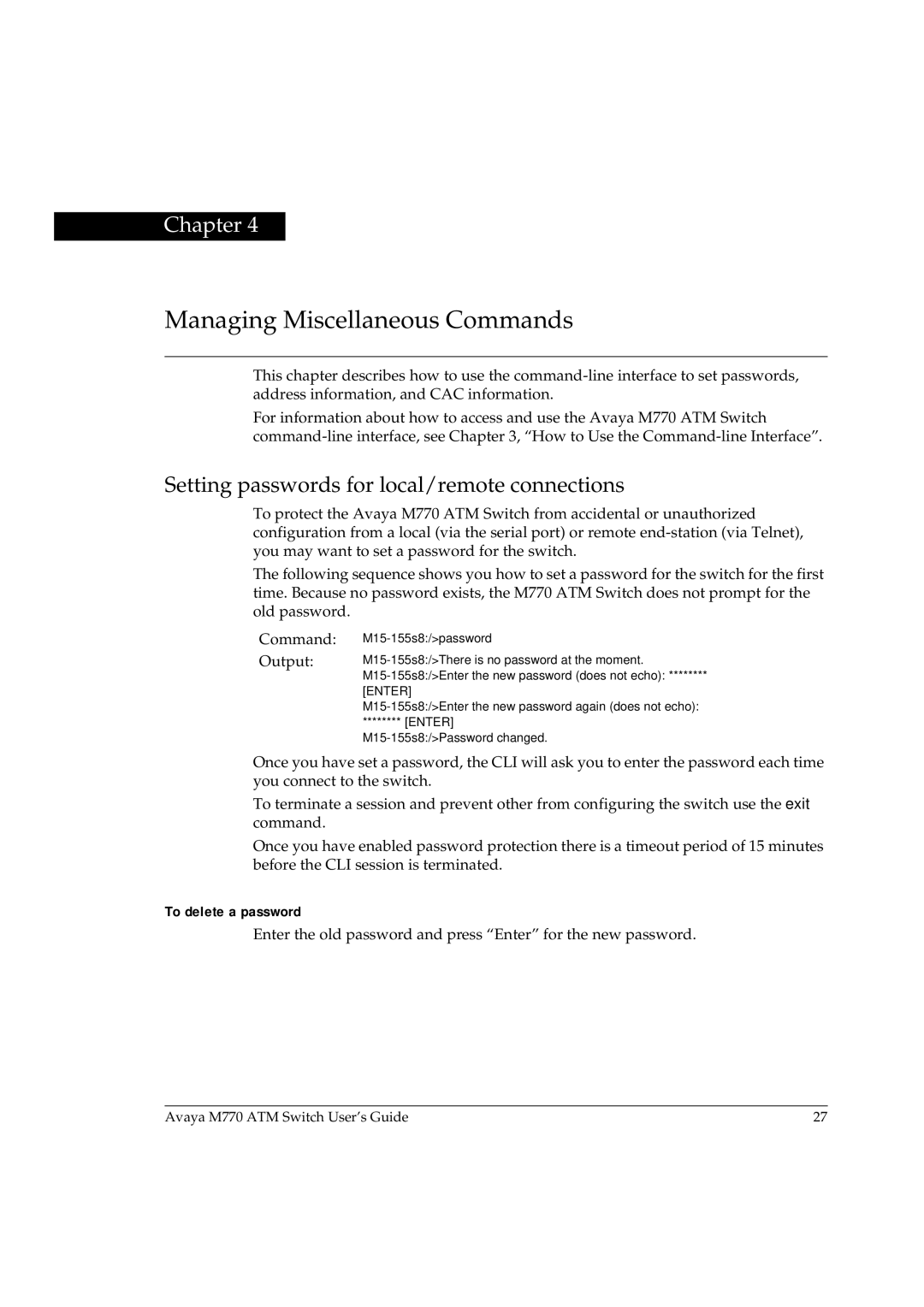 Avaya M770 manual Setting passwords for local/remote connections, To delete a password 