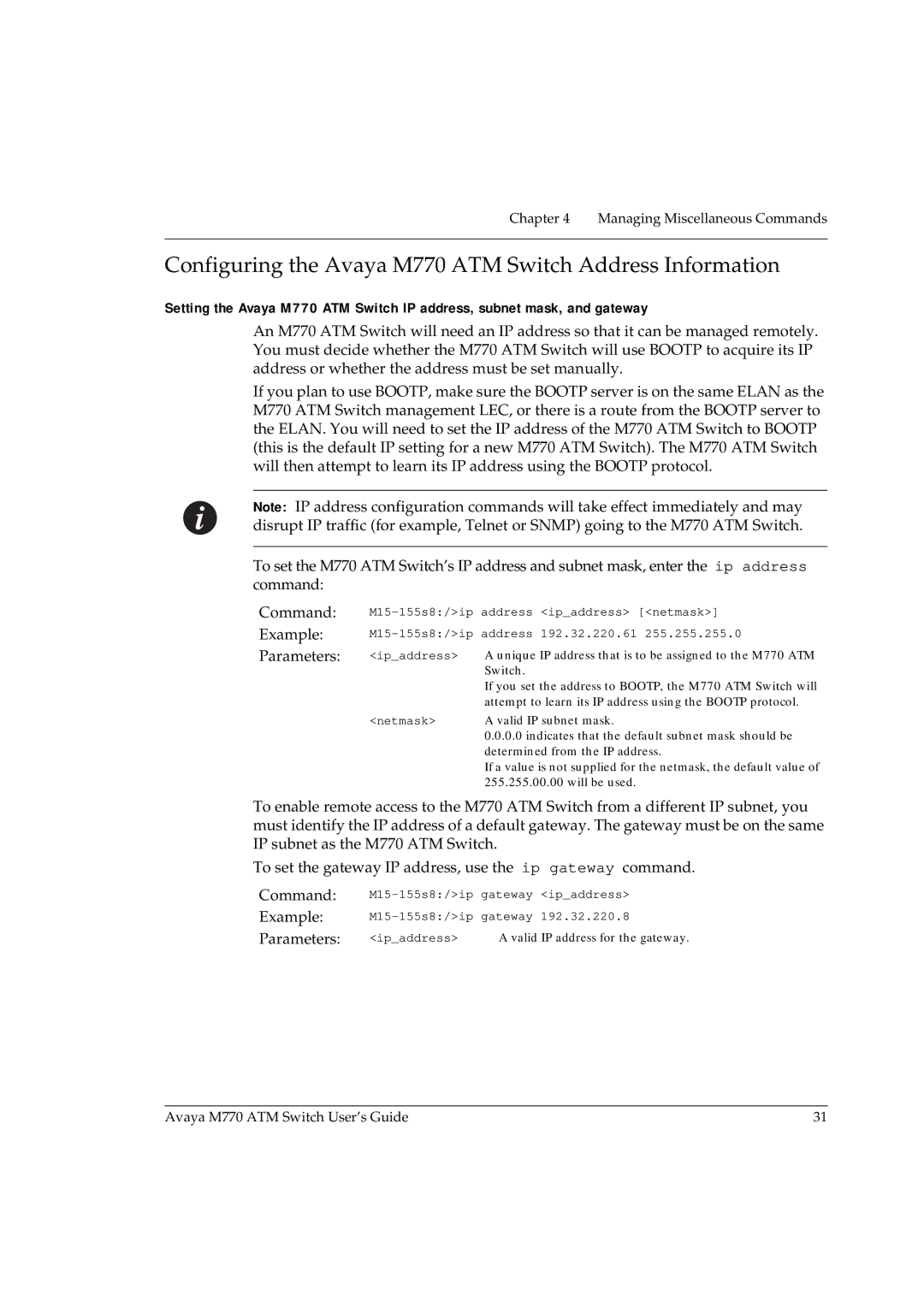 Avaya manual Configuring the Avaya M770 ATM Switch Address Information, Parameters 