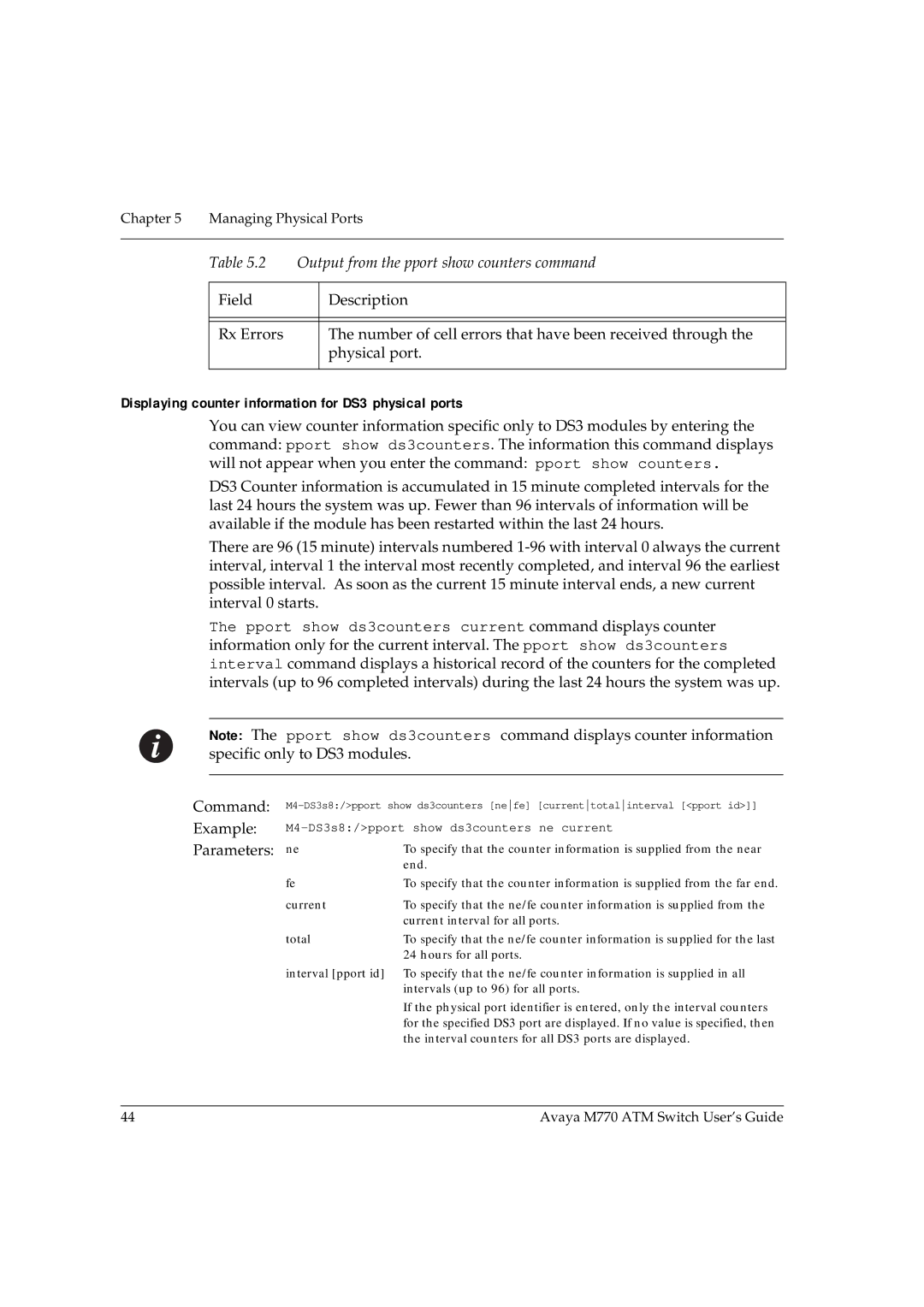 Avaya M770 manual Displaying counter information for DS3 physical ports 