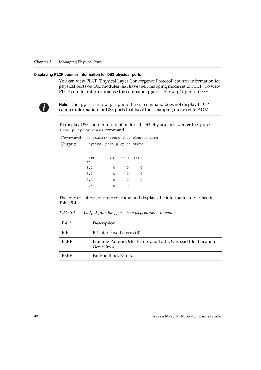 Avaya M770 manual Displaying Plcp counter information for DS3 physical ports 