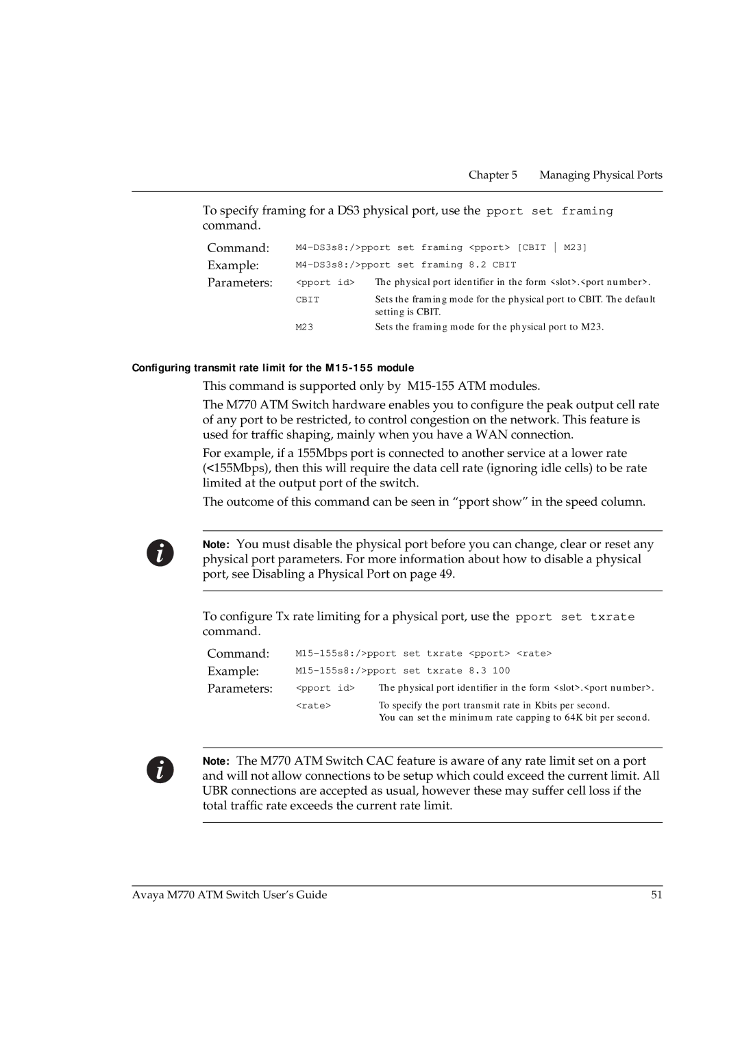 Avaya M770 manual Configuring transmit rate limit for the M15-155 module 