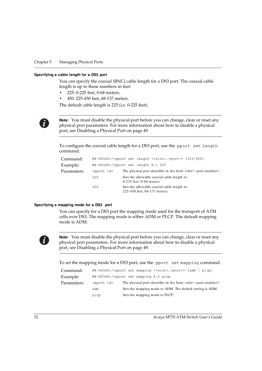 Avaya M770 manual Specifying a cable length for a DS3 port, Specifying a mapping mode for a DS3 port 