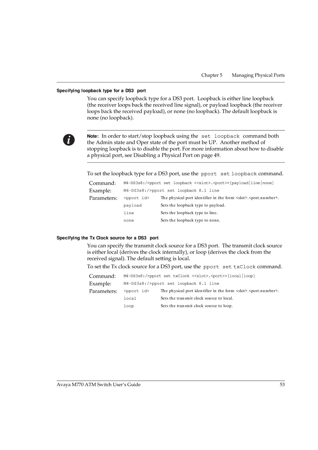 Avaya M770 manual Specifying loopback type for a DS3 port, Specifying the Tx Clock source for a DS3 port 