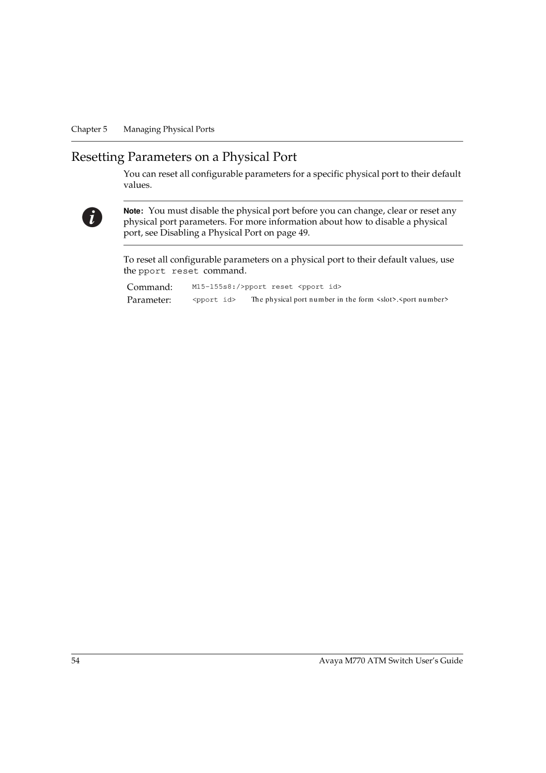 Avaya M770 manual Resetting Parameters on a Physical Port 