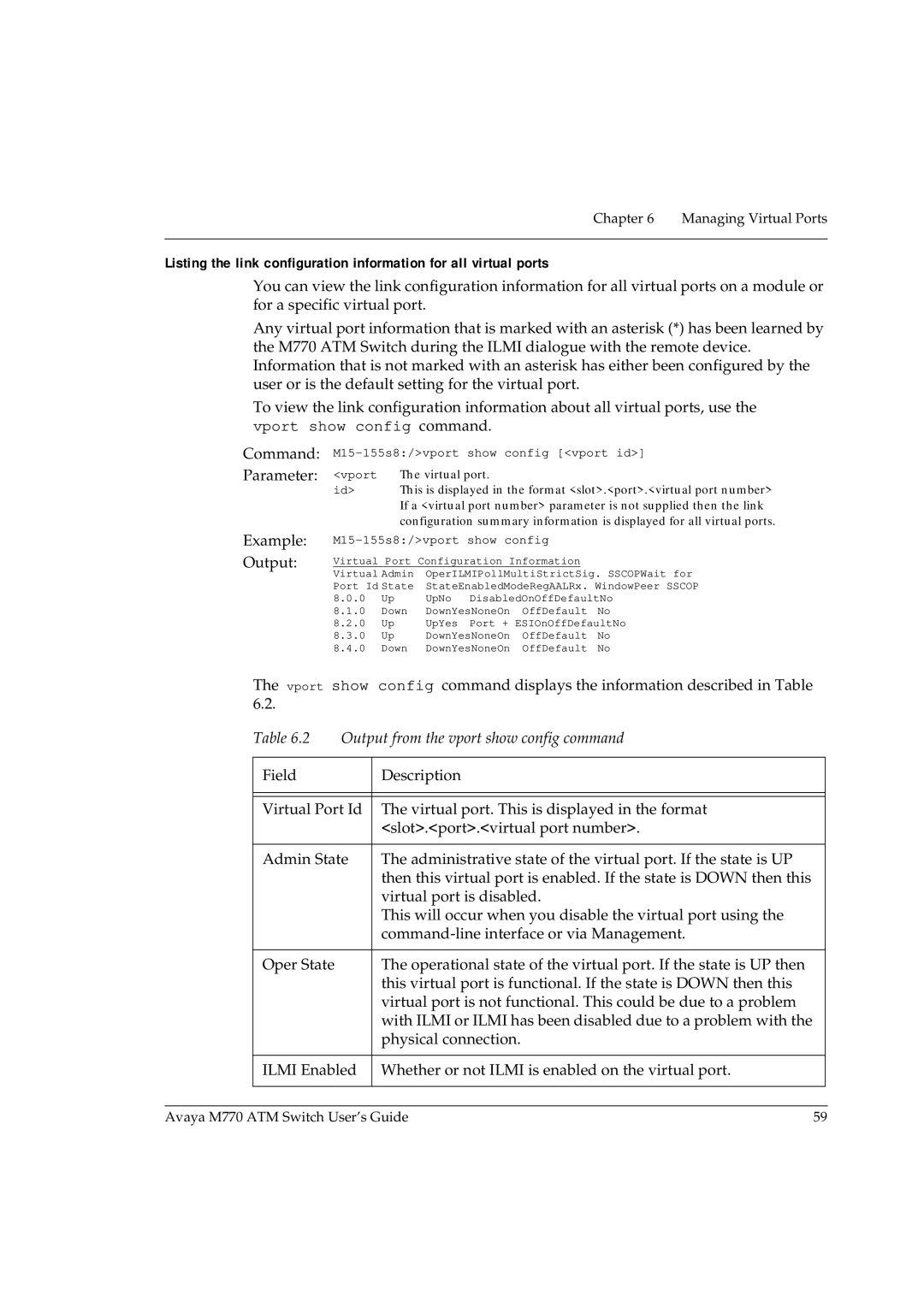 Avaya M770 manual Output from the vport show config command 