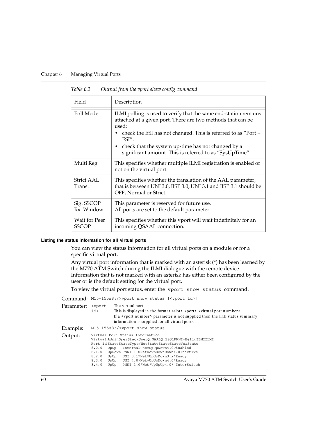 Avaya M770 manual Listing the status information for all virtual ports, Example Output 