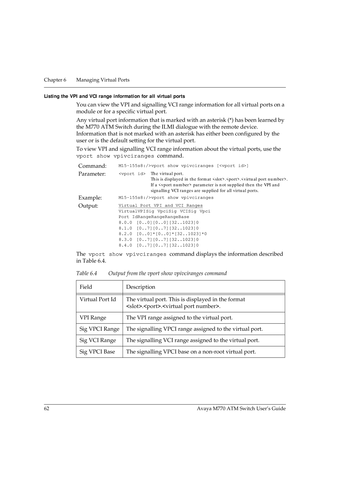 Avaya M770 manual Output from the vport show vpivciranges command 