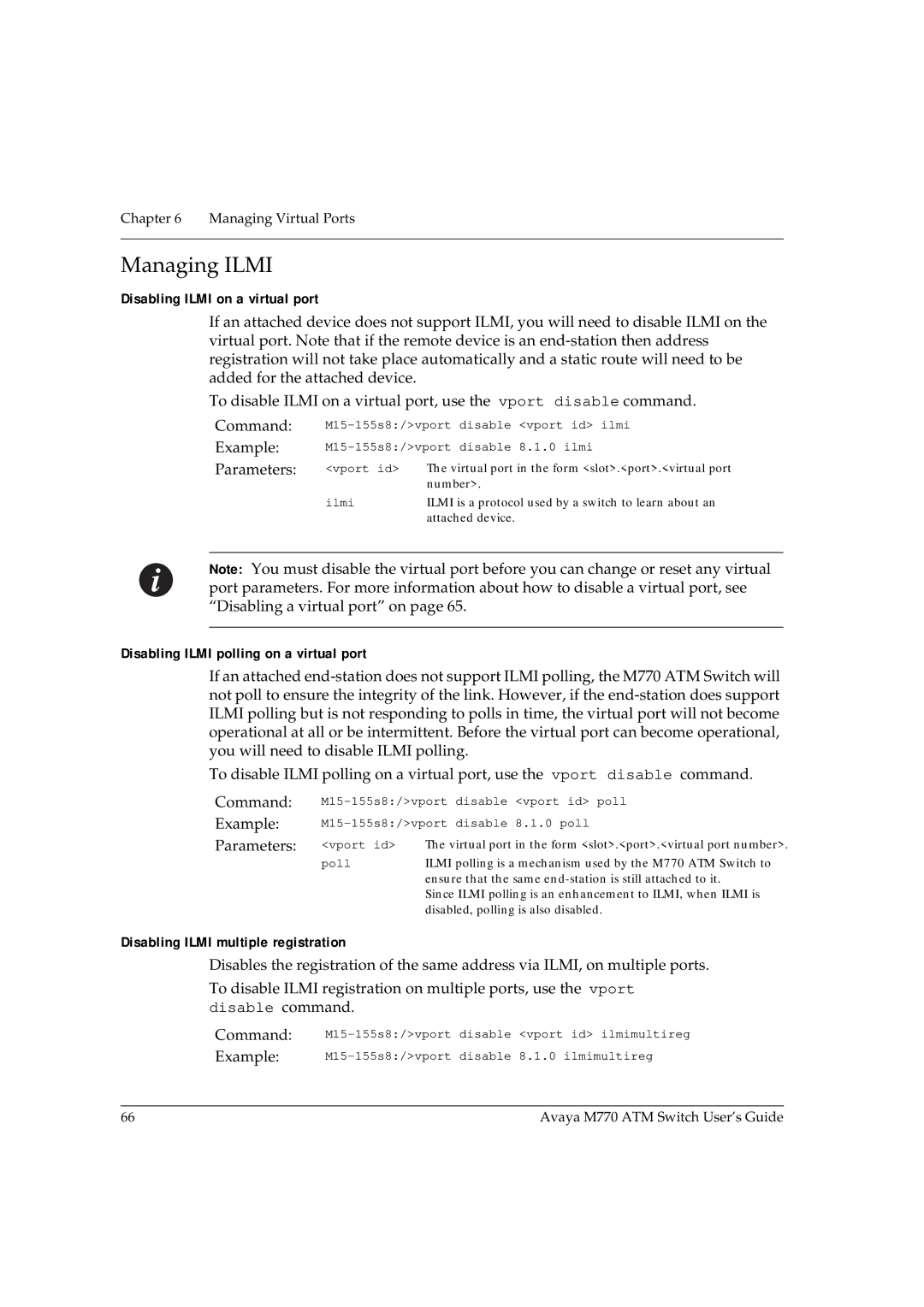 Avaya M770 manual Managing Ilmi, Disabling Ilmi on a virtual port, Disabling Ilmi polling on a virtual port 