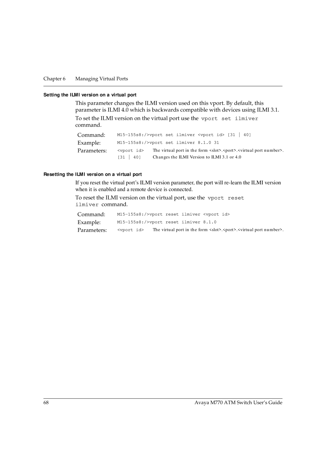 Avaya M770 manual Setting the Ilmi version on a virtual port, Resetting the Ilmi version on a virtual port 