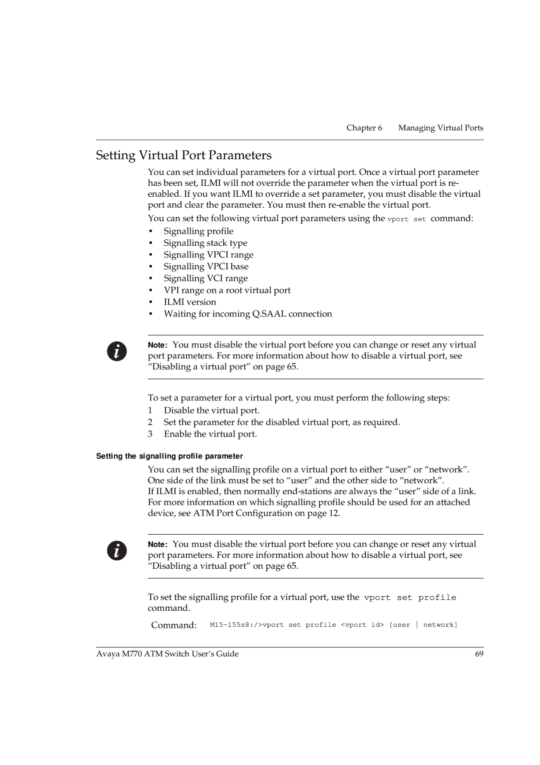 Avaya M770 manual Setting Virtual Port Parameters, Setting the signalling profile parameter 