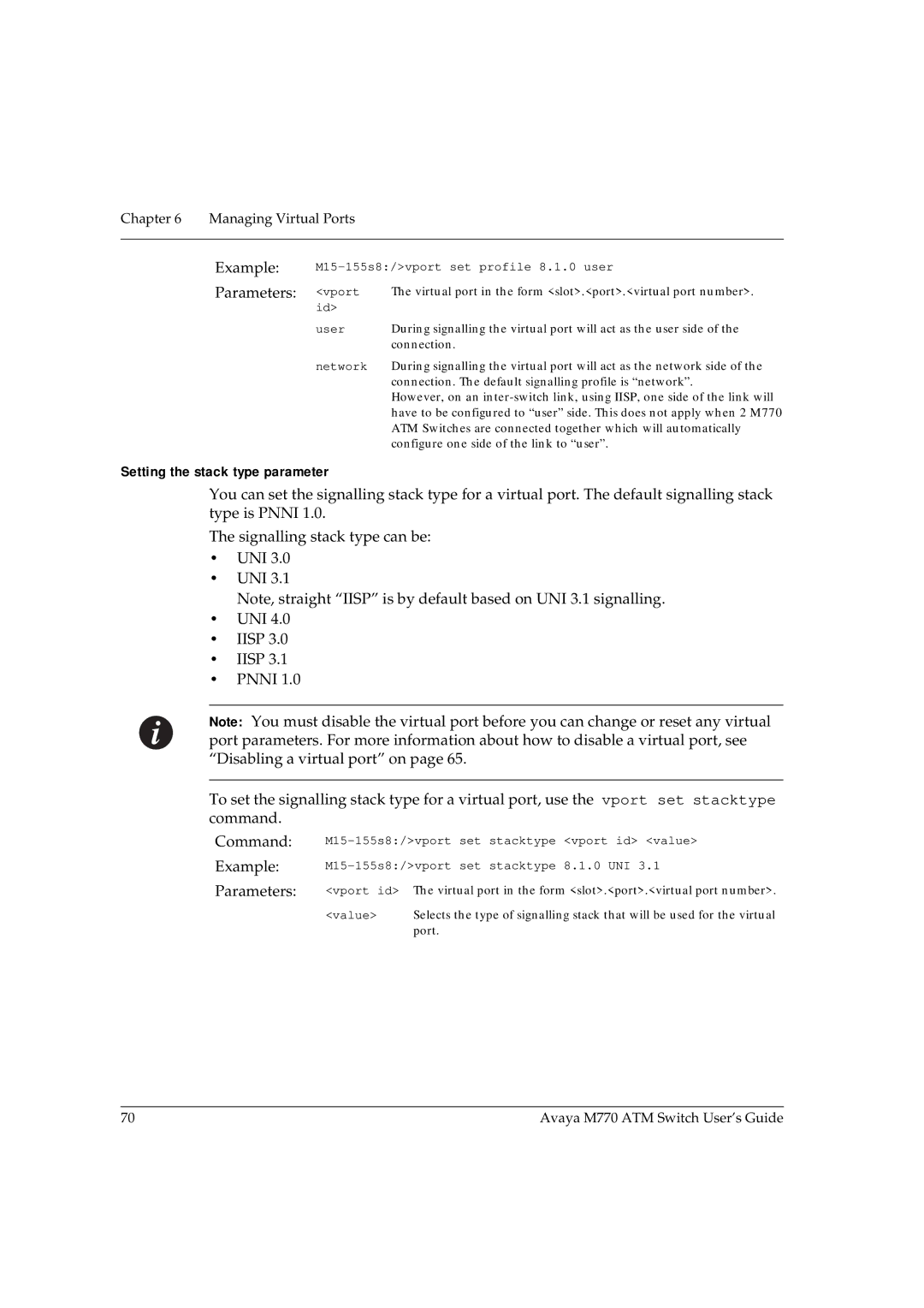 Avaya M770 manual Parameters vport, Setting the stack type parameter 