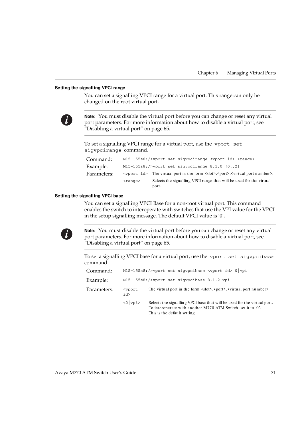 Avaya M770 manual Setting the signalling Vpci range, Setting the signalling Vpci base 