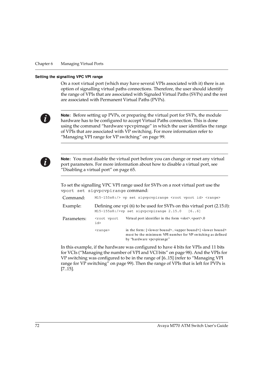 Avaya M770 manual Setting the signalling VPC VPI range 