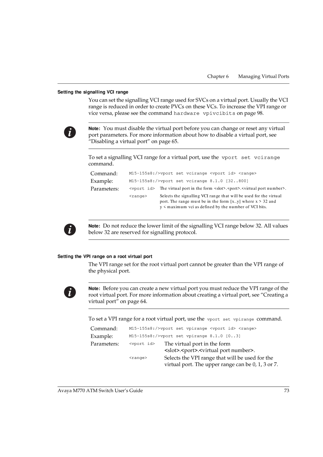 Avaya M770 manual Setting the signalling VCI range, Setting the VPI range on a root virtual port 