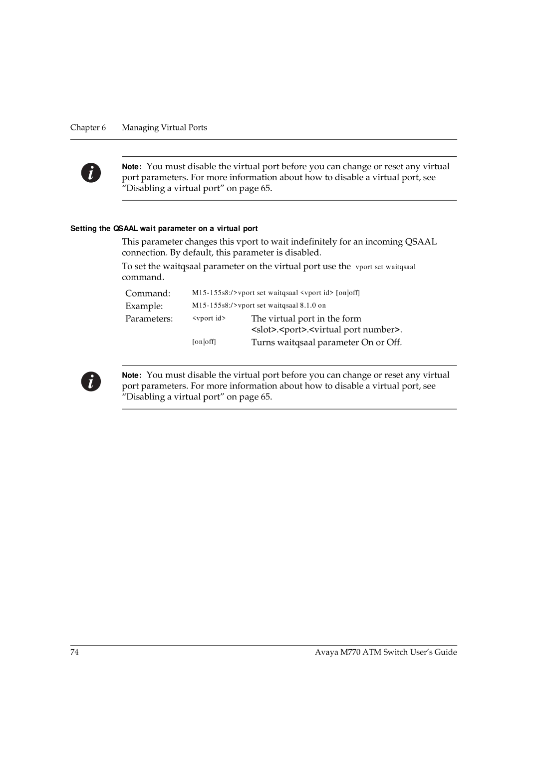 Avaya M770 manual Setting the Qsaal wait parameter on a virtual port, Parameters vport id 