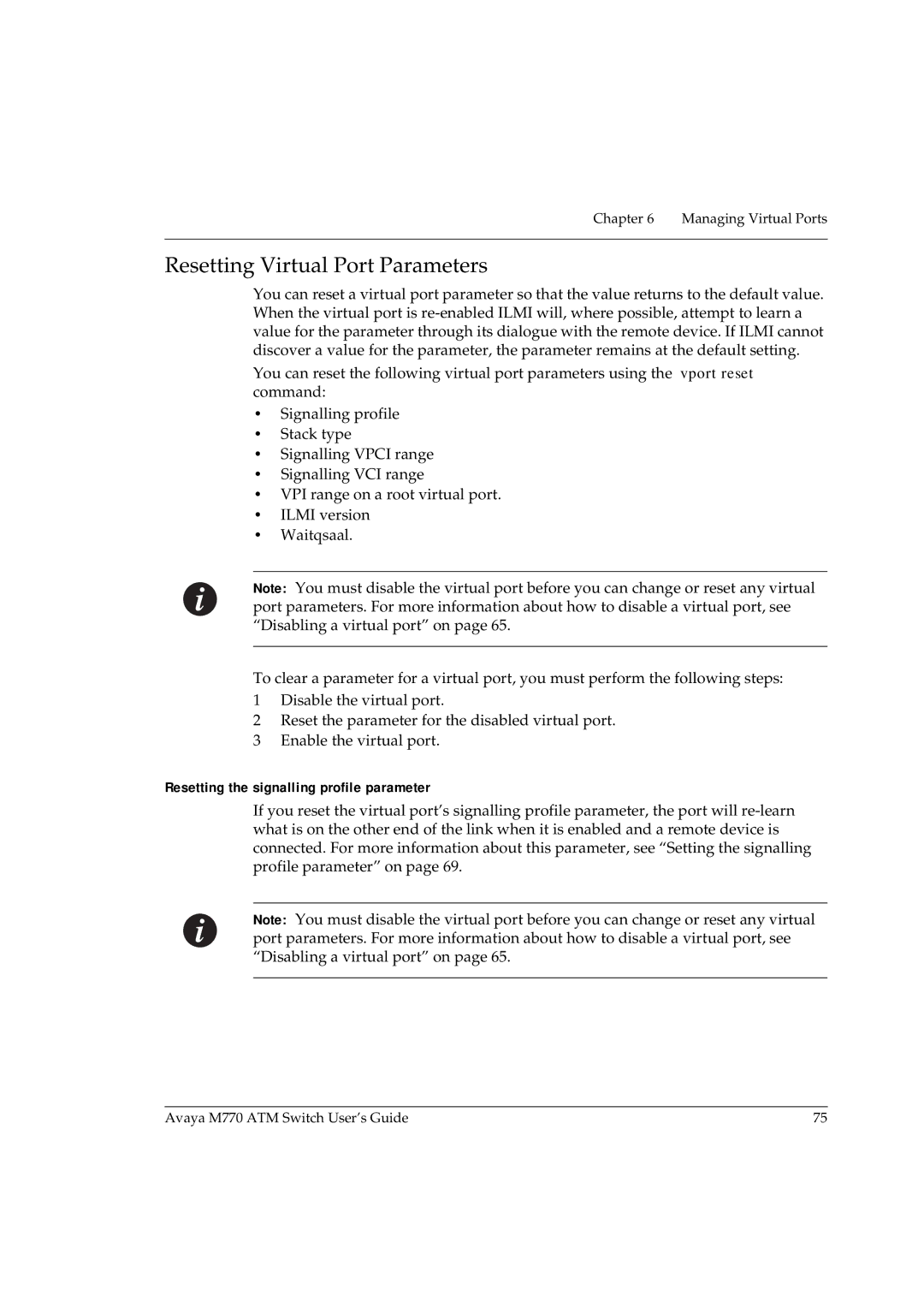 Avaya M770 manual Resetting Virtual Port Parameters, Resetting the signalling profile parameter 